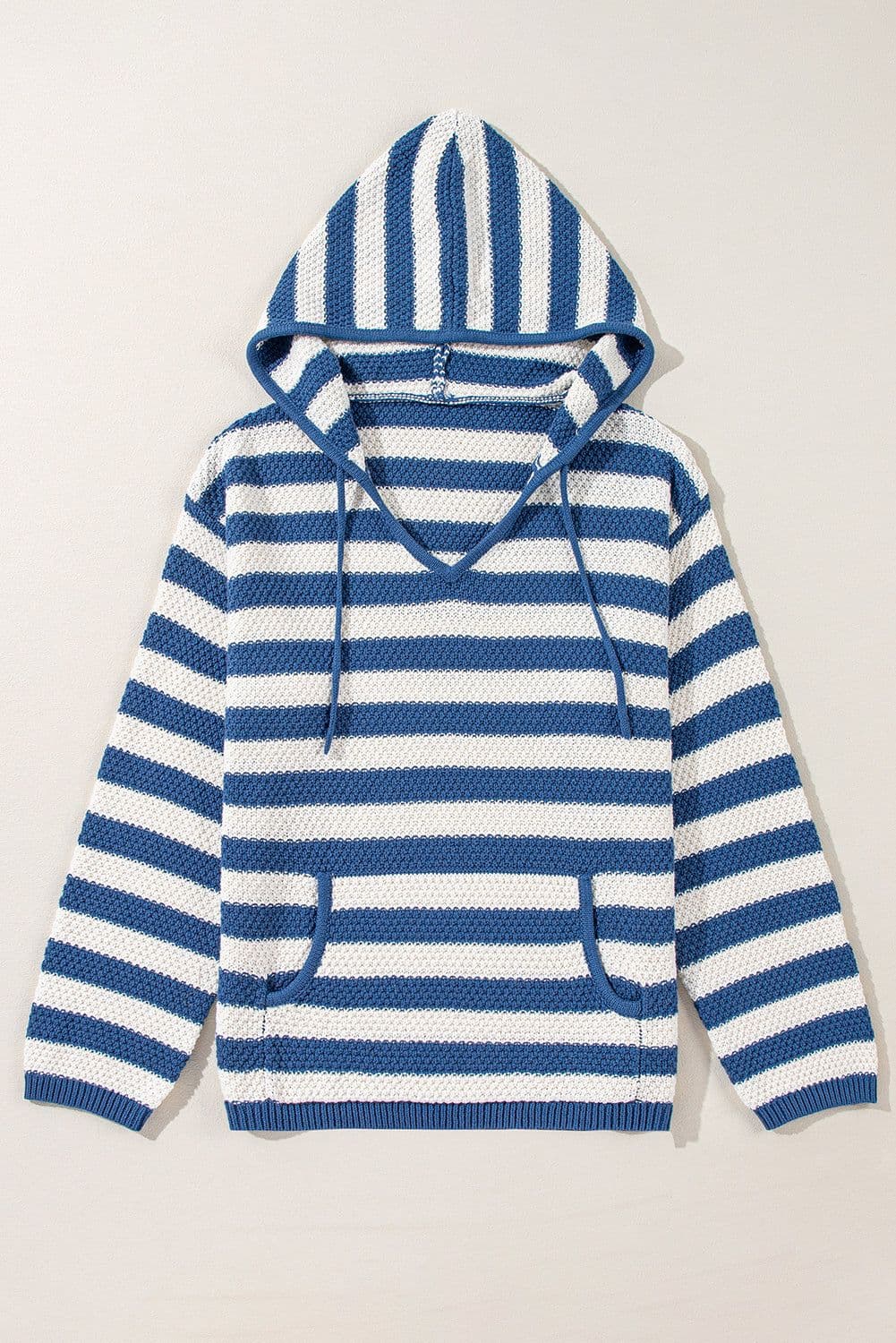 image-Blue Stripe V Neck Hooded Sweater with Pocket