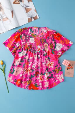 image-Pink Floral Short Sleeve Smocked Blouse