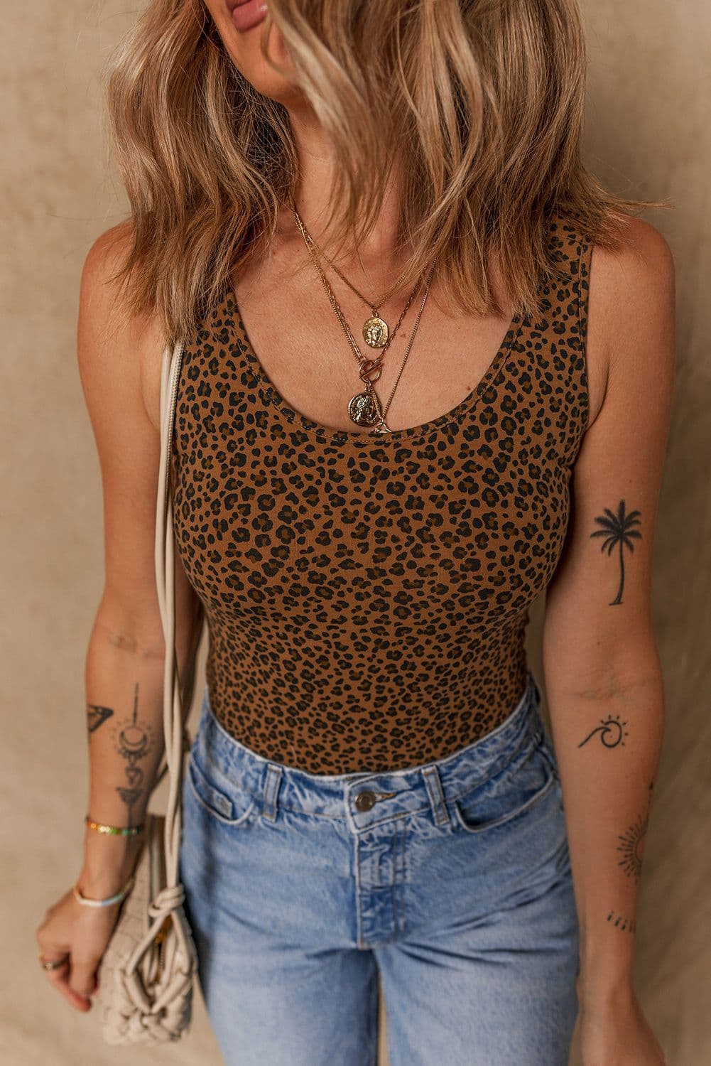 image-Brown Leopard Print Sleeveless Scoop Neck Bodysuit