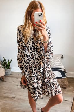 image-Leopard Print Dress - Buttoned Front 3/4 Sleeves, Tiered Ruffled Hem, Black (65 characters)