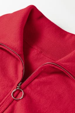 image-Fiery Red Quarter Zip Striped Detail Short Sleeve Sweater