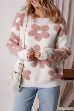 image-White Textured Flower Drop Shoulder Loose Sweater