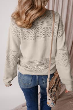 image-Sky Blue V Neck Eyelet Sweater Drop Shoulder