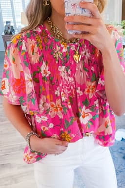 image-Pink Floral Short Sleeve Smocked Blouse