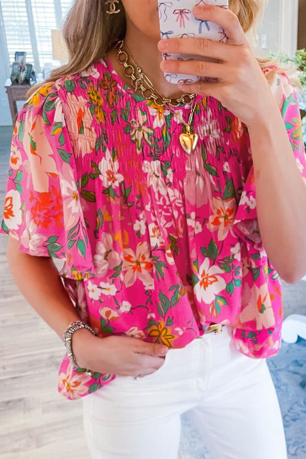 image-Pink Floral Short Sleeve Smocked Blouse