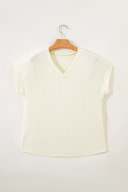 image-Beige Twisted Knit V Neck T Shirt