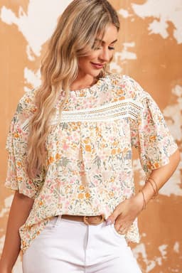image-Floral Print Wide Ruffle Sleeves Blouse - Multicolor, Size S-XL
