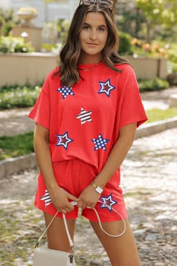 image-Orange Sequin USA Flag Star Graphic Corded T Shirt and Shorts Set