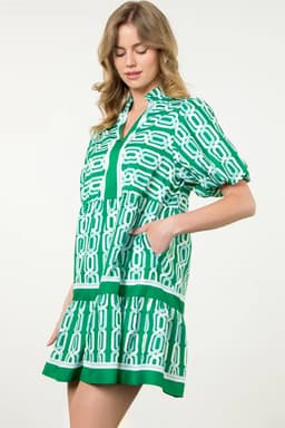 image-Bright Green Abstract Patterned V Neck Puff Short Sleeve Mini Dress