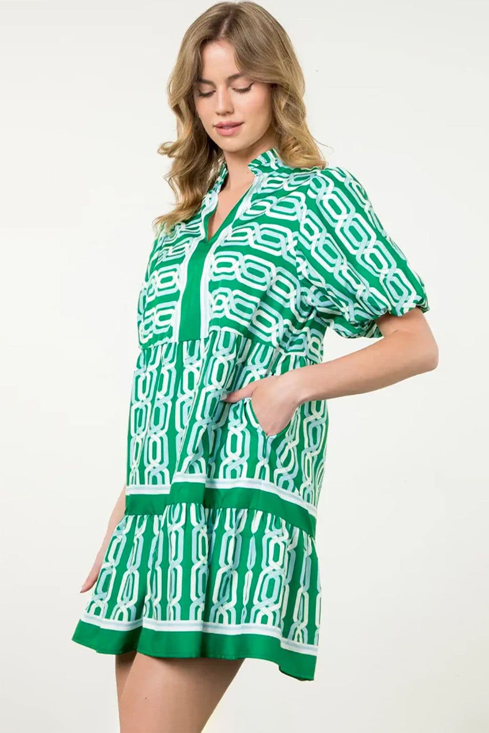 image-Bright Green Abstract Patterned V Neck Puff Short Sleeve Mini Dress
