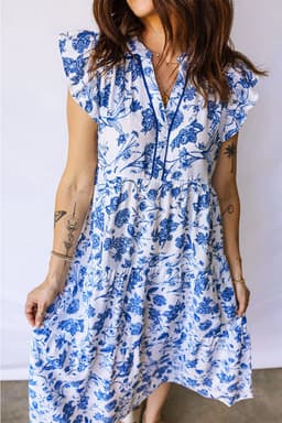 image-Blue Ruffled Short Sleeve Tiered Floral Midi Dress