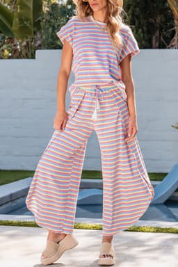 image-Pink Stripe Rainbow Tee Wide Leg Pants Set
