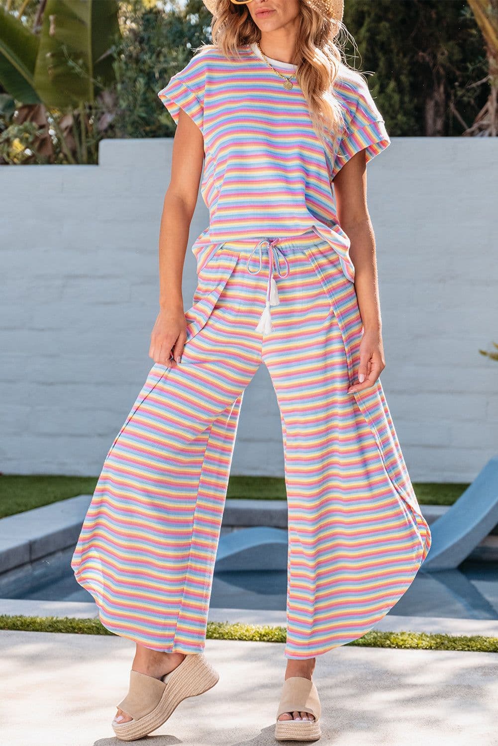 image-Pink Stripe Rainbow Tee Wide Leg Pants Set