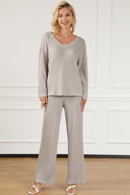 image-Ribbed Knit V Neck Slouchy Two-Piece Outfit - Khaki Modern Chic