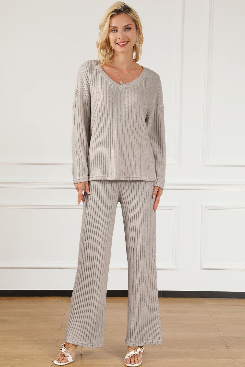 image-Ribbed Knit V Neck Slouchy Two-Piece Outfit - Khaki Modern Chic