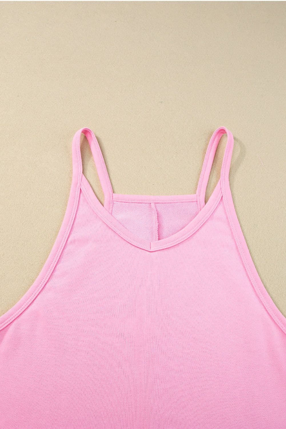 image-Pink Sleeveless V Neck Jersey Romper with Pockets