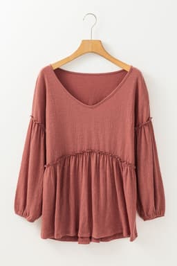 image-Mineral Red Textured Frilled Trim V Neck Blouse with Puff Sleeves