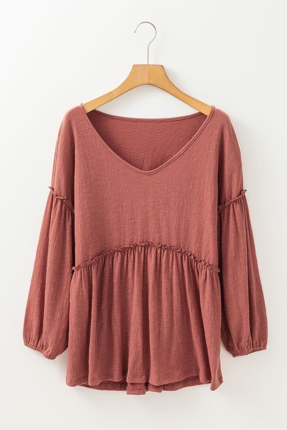 image-Mineral Red Textured Frilled Trim V Neck Blouse with Puff Sleeves
