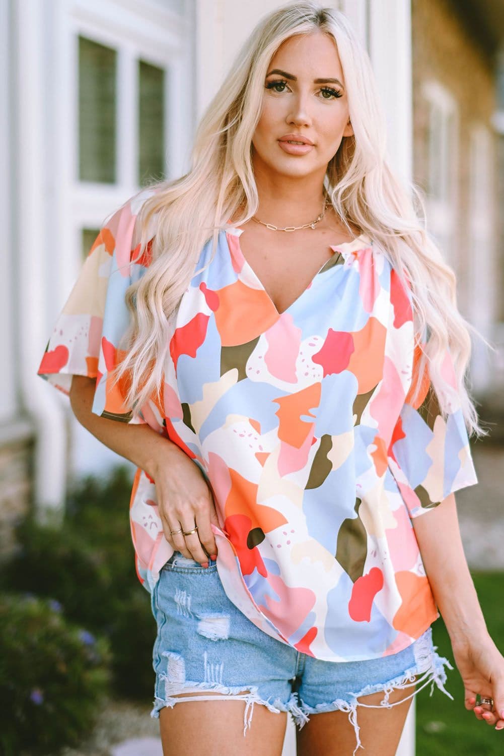 image-Multicolor Floral Print V Neck Half Sleeve Blouse