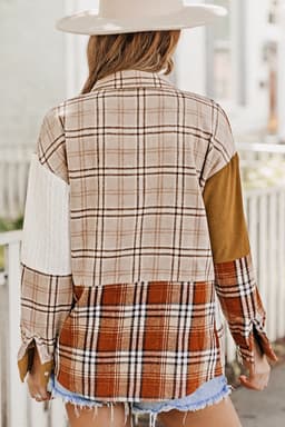 image-Plaid Color Block Patchwork Shirt Jacket - Orange, Sizes S-2XL