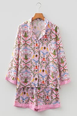 image-Pink Christmas Holiday Print Nutcracker Long Sleeve Shorts 2pcs Pajama Set