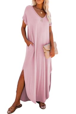 image-Black V Neck Splits Maxi T-shirt Dress, Lightweight, Breathable, S-XL