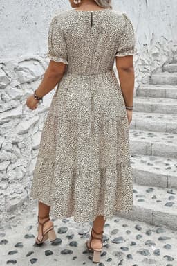image-Leopard Print Frill Trim Flared Dress - Beige Plus Size