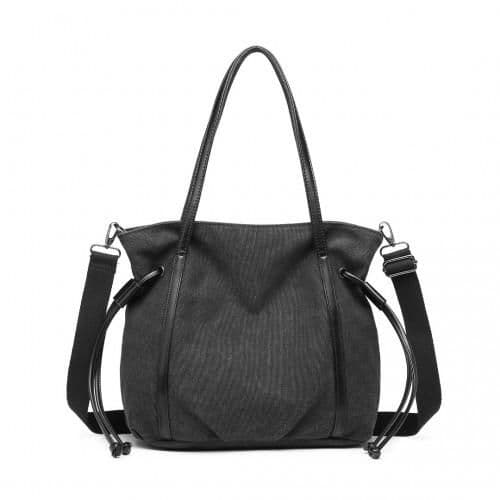 image-EH2220 - Kono Large Capacity Canvas And Leather Fusion Shoulder Tote Bag - Black