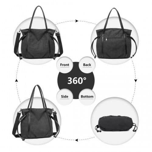 image-EH2220 - Kono Large Capacity Canvas And Leather Fusion Shoulder Tote Bag - Black