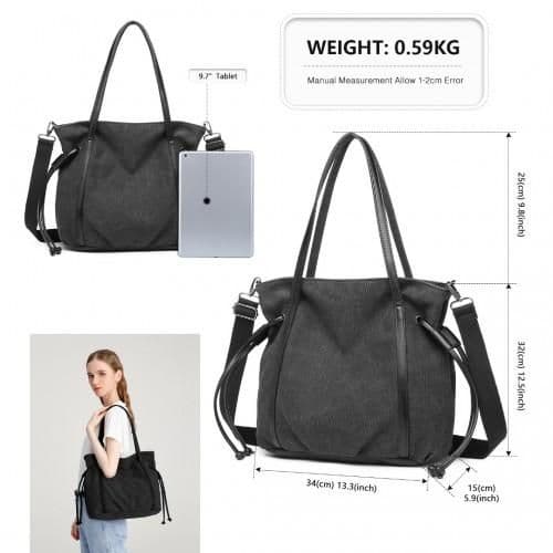 image-EH2220 - Kono Large Capacity Canvas And Leather Fusion Shoulder Tote Bag - Black