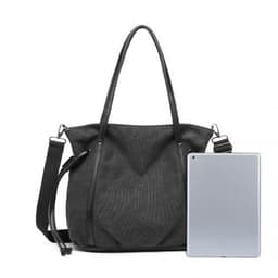 image-EH2220 - Kono Large Capacity Canvas And Leather Fusion Shoulder Tote Bag - Black