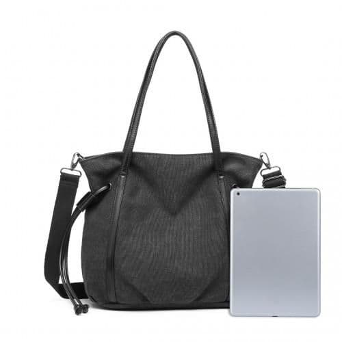 image-EH2220 - Kono Large Capacity Canvas And Leather Fusion Shoulder Tote Bag - Black