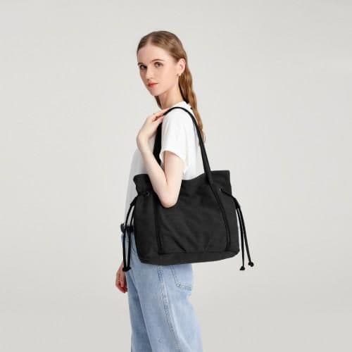 image-EH2220 - Kono Large Capacity Canvas And Leather Fusion Shoulder Tote Bag - Black