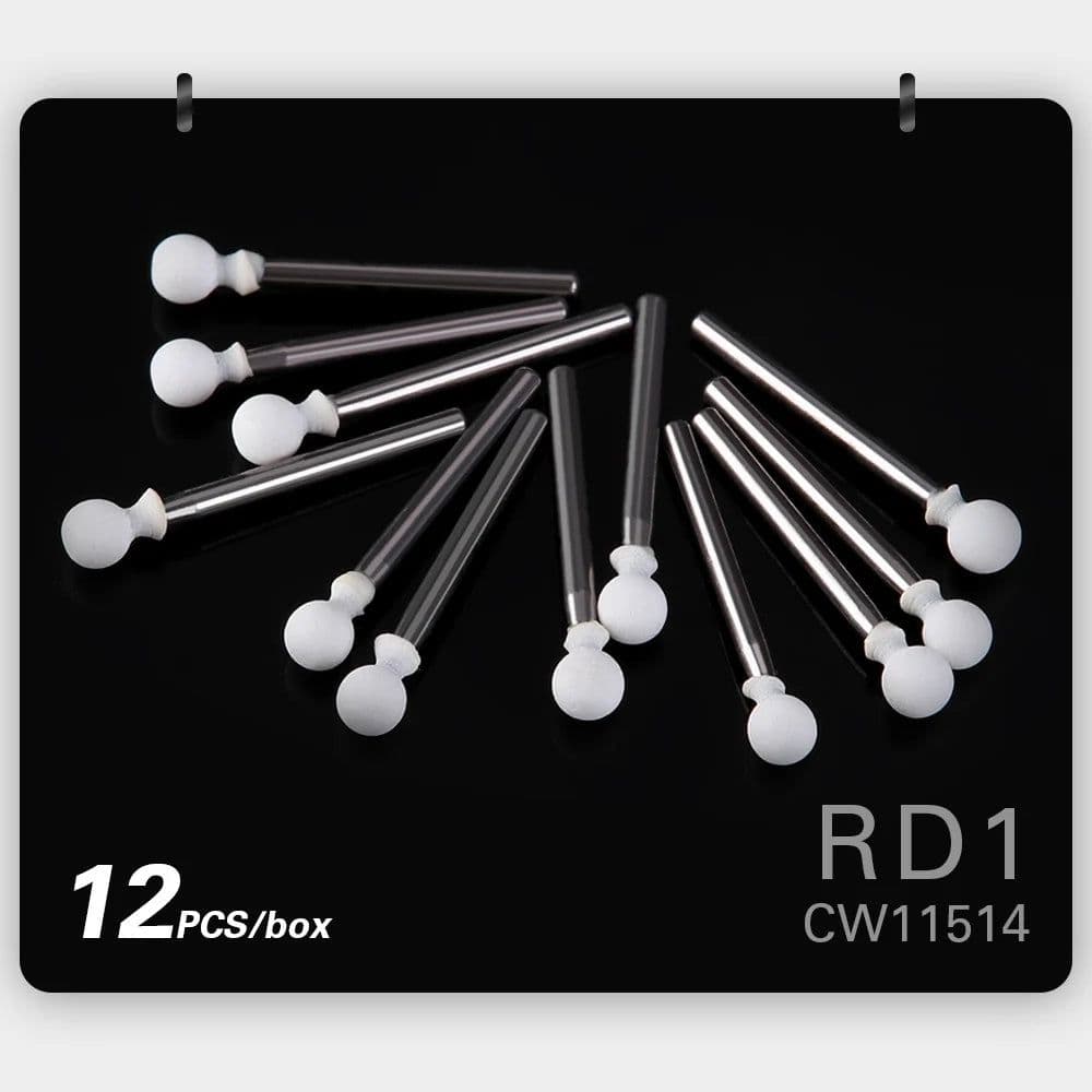 image-(12pcs/box)Dia1.6mm Azdent White Stone Polishing Burs for Finishing Porcelain Enamel & Composite Resin Flame/Cone/Round Shape