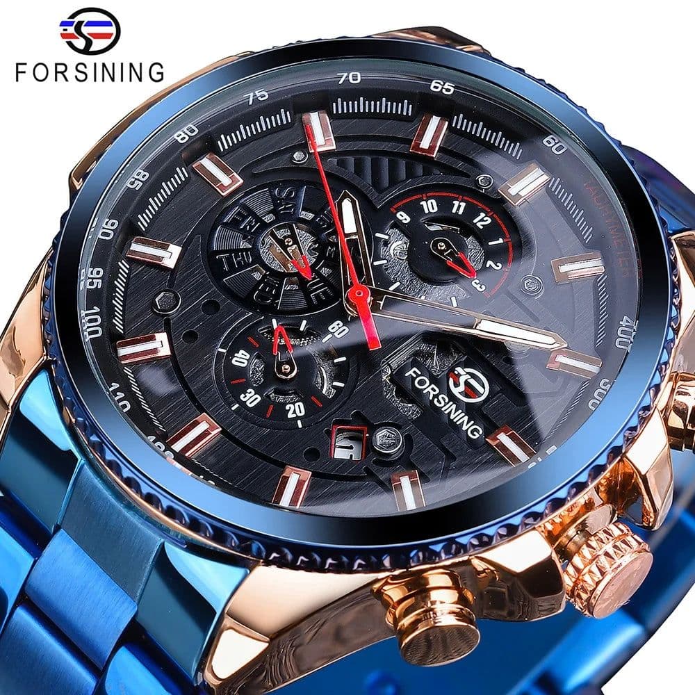 image-Forsining Three Dial Calendar Stainless Steel Men Mechanical Automatic Wrist Watches Top Brand Luxury Military Sport Male Clock