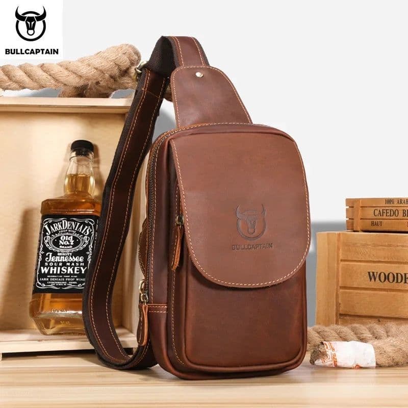 image-BULLCAPTAIN Men's Crossbody Bags Crazy Horse Leather Chest Bag's Leather Crossbody Bages Retro Men's Zip Pocket Short Travel Bag