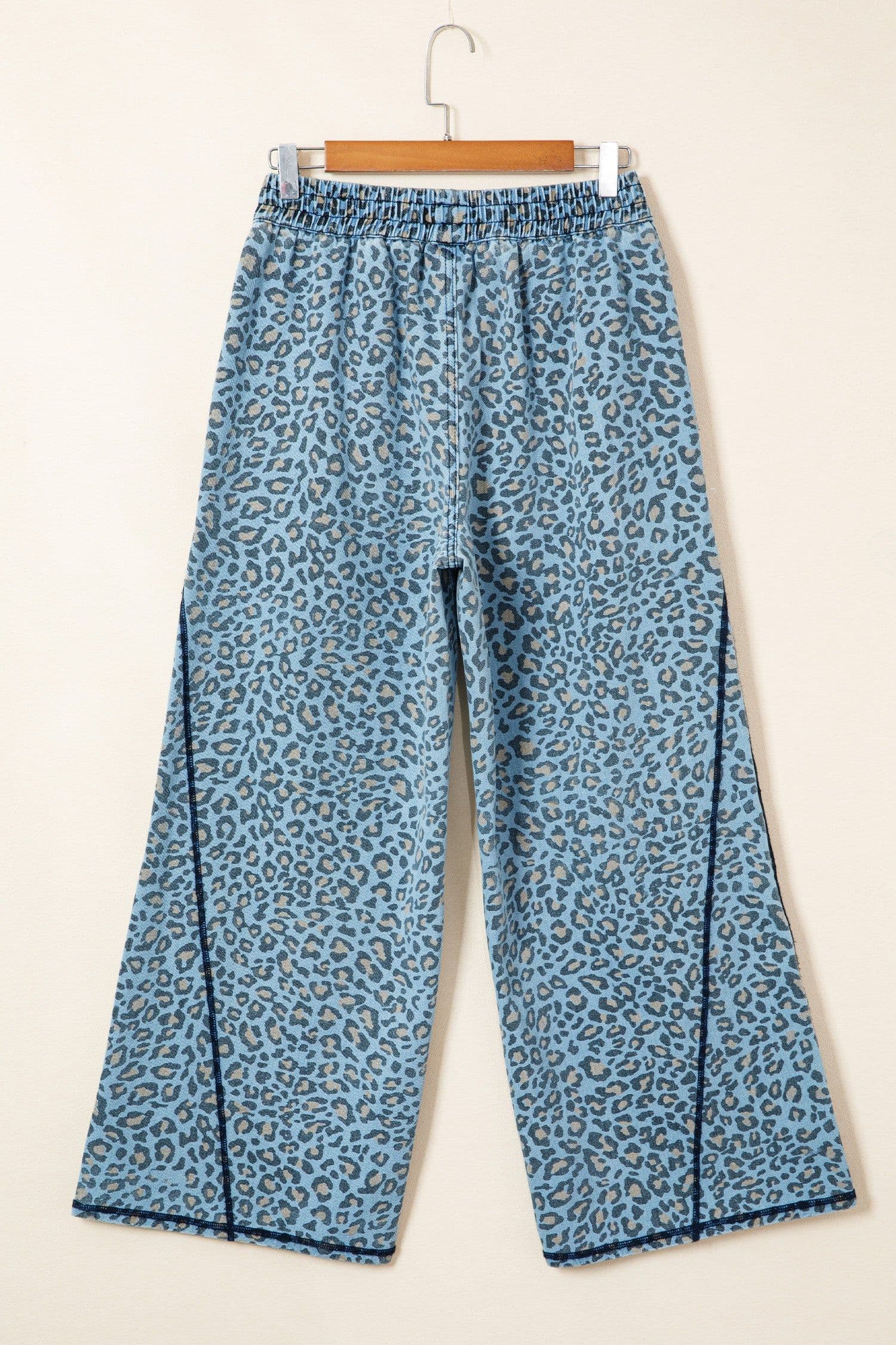 image-Blue Leopard Print Wide Leg Jeans with Exposed Seam, Drawstring