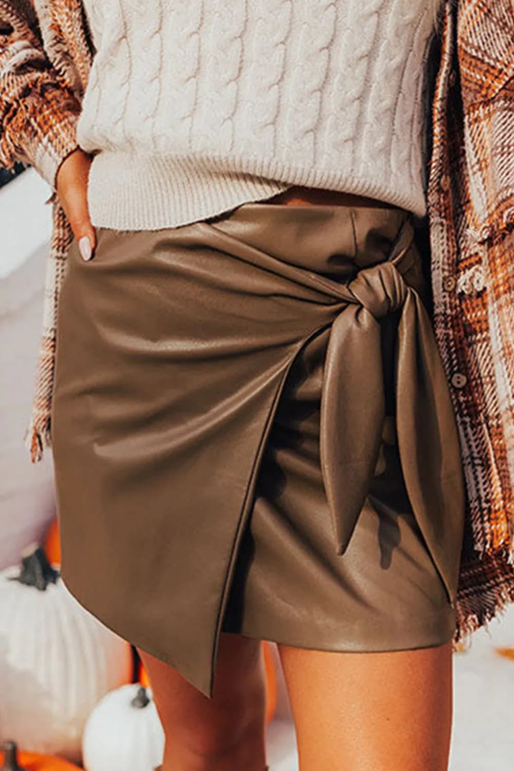 image-Faux Leather Bowknot Mini Skirt - Chic, Playful, 60" Length