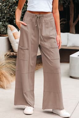 image-Smoke Gray Mineral Wash Exposed Seam Drawstring Elastic Waistband Wide Leg Cargo Pants