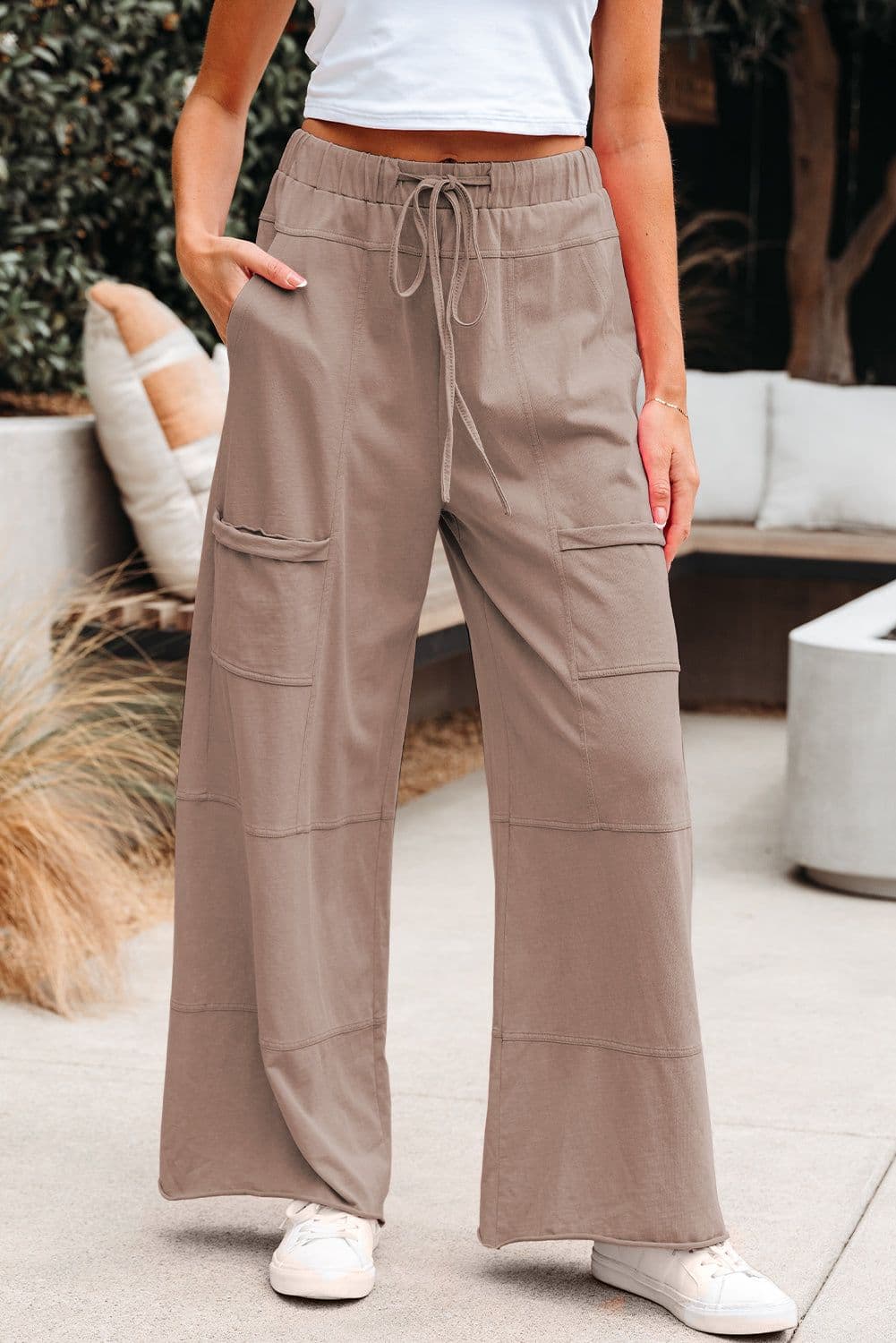 image-Smoke Gray Mineral Wash Exposed Seam Drawstring Elastic Waistband Wide Leg Cargo Pants