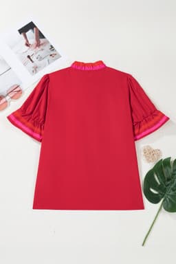 image-Fiery Red Striped Frilled Collar Ruffled Short Sleeve Blouse