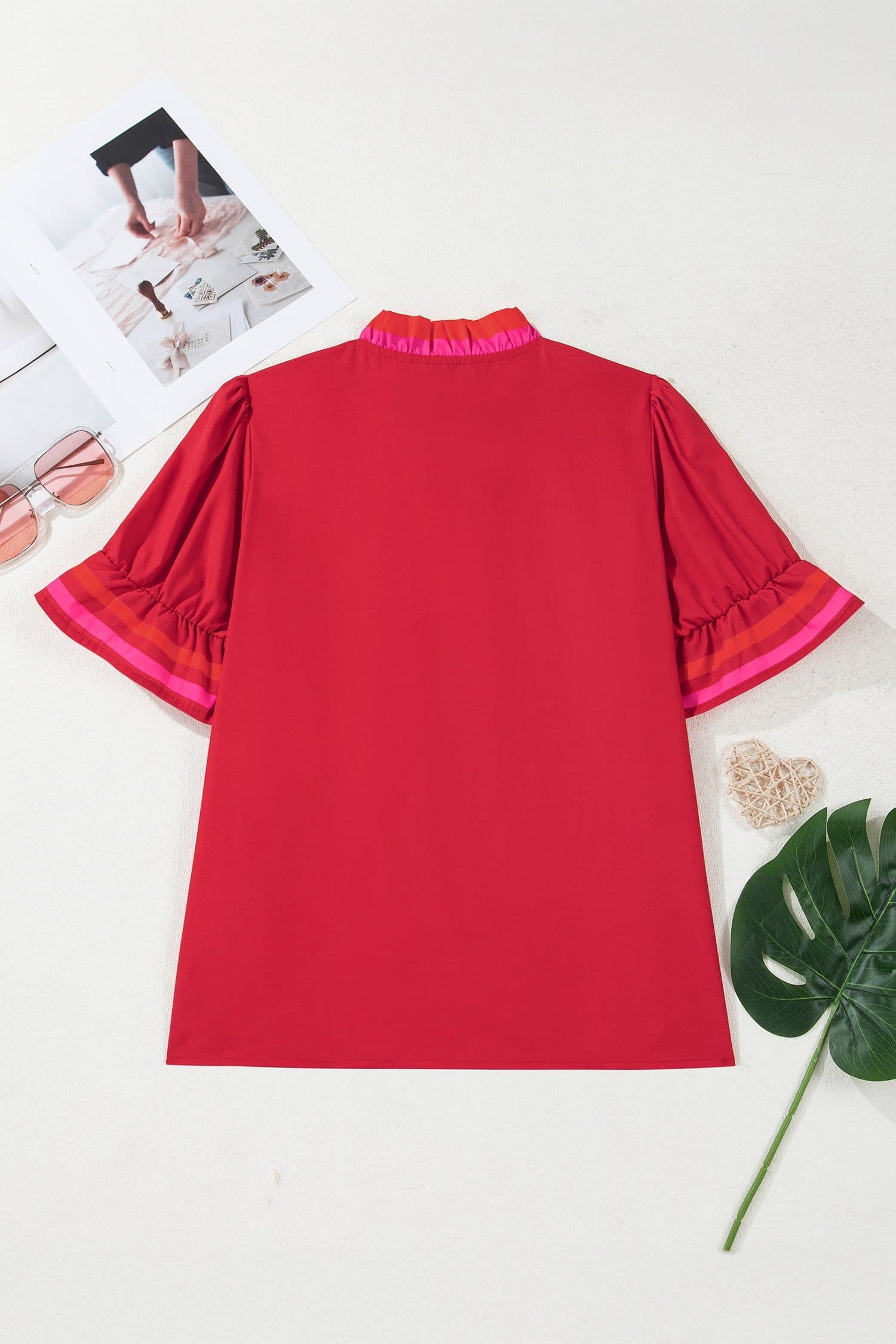 image-Fiery Red Striped Frilled Collar Ruffled Short Sleeve Blouse