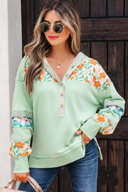 image-Lace Floral Patchwork Half Button Hooded Pullover - Aqua