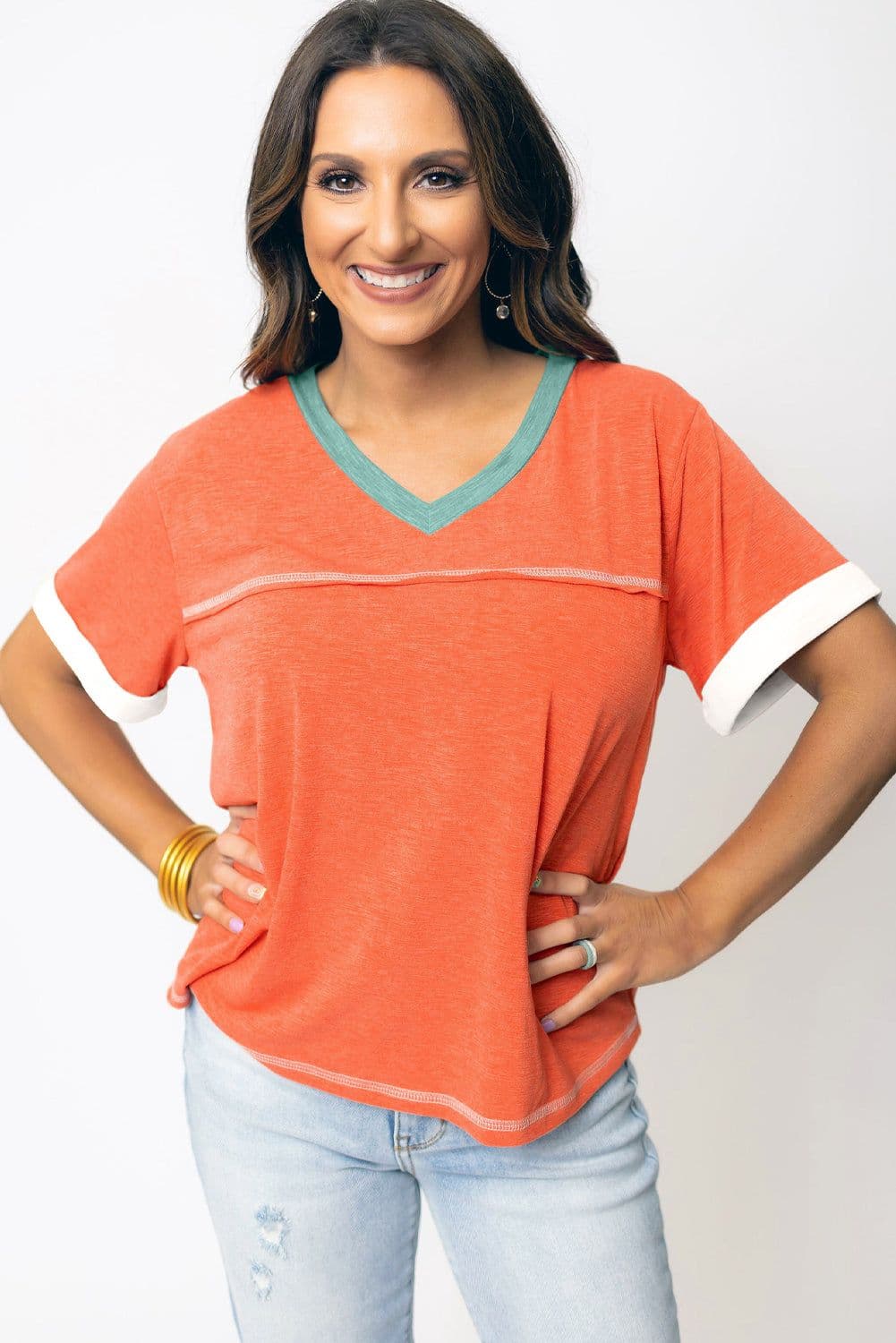 image-Contrast Trim V-Neck T-shirt - Grapefruit Orange