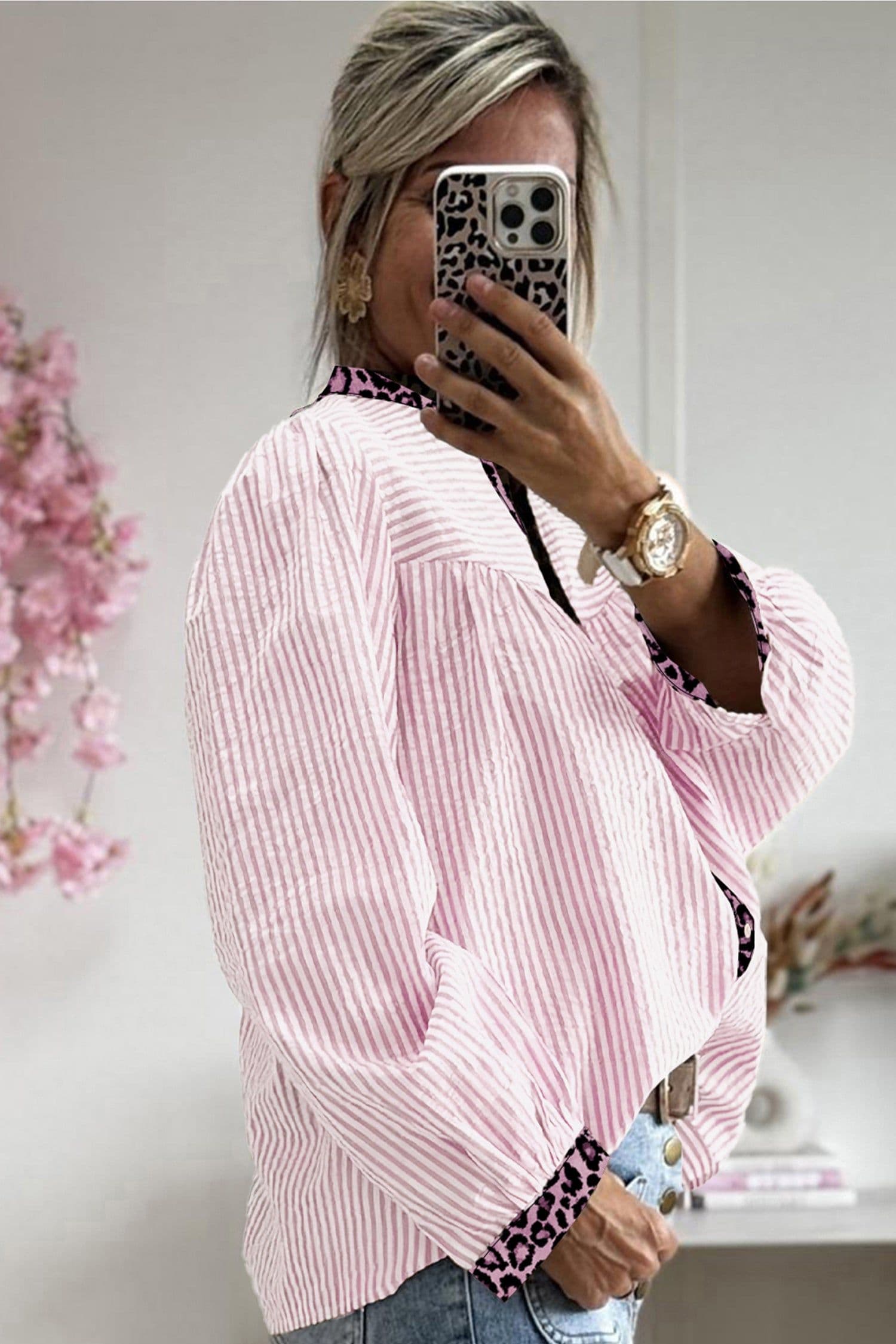 image-Brown Stripe Leopard Patchwork Long Sleeve Shirt