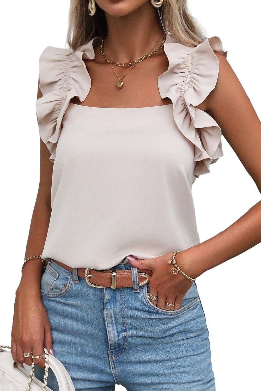 image-Oatmeal Solid Ruffle Trim Sleeveless Top