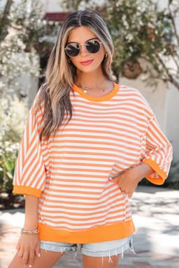 image-Orange Stripe 3/4 Sleeve Patchwork Pullover Top - Casual Fashion Design