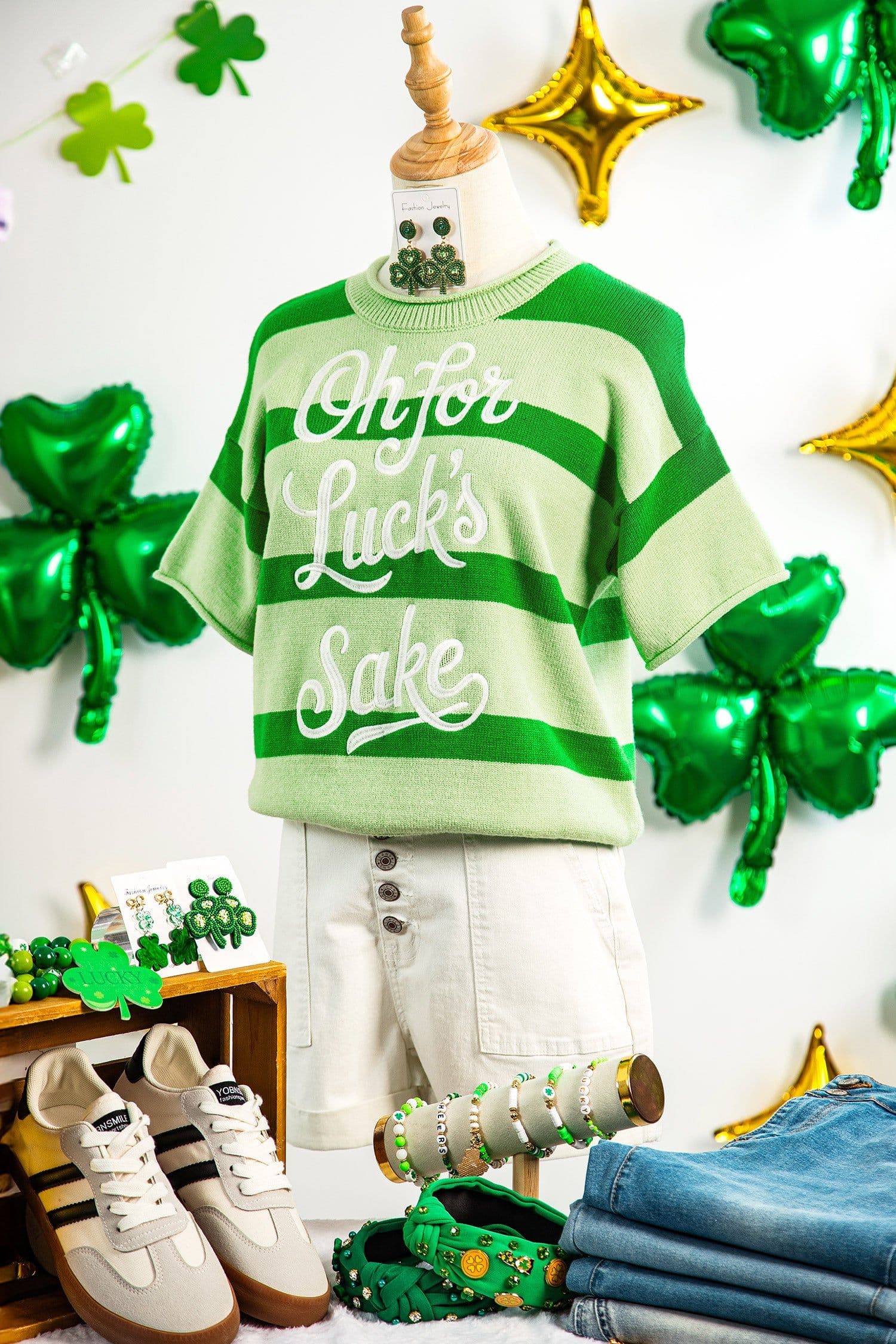 image-Green Stripe Oh for Lucks Sake St Patricks Day Short Sleeve Sweater