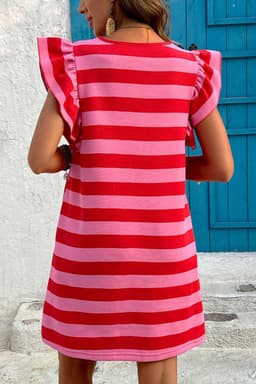 image-Red Stripe Flutter Sleeve Shift Dress