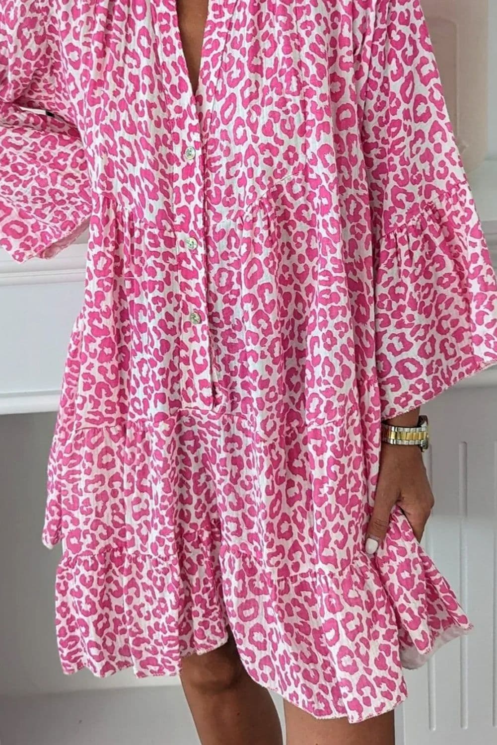 image-Leopard Print Mini Dress - Pink Long Sleeve Button Front